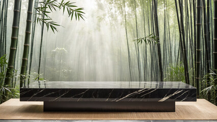 product display podium out of black marble in a misty bamboo forest, soft sunlight with light rays, black marble podium with presentation space, ad, podium platform, product presentation space