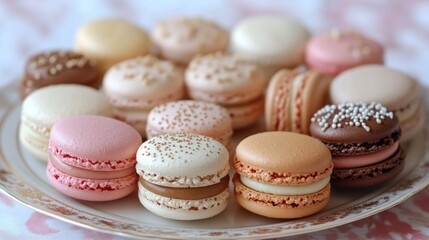 Fototapeta premium Assortment of Colorful Macarons on a White Plate