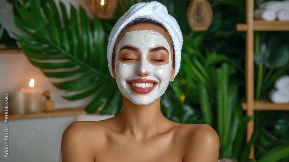 Wall mural A joyful woman enjoying a facial mask, surrounded by lush greenery and spa elements, promoting relaxation and skincare.