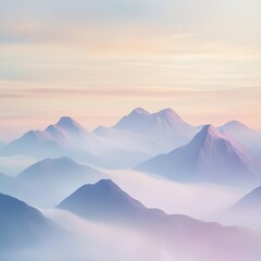 Fototapeta premium Tranquil and Mystical Mountain Scene at Dawn with Mist Shrouded Peaks, Soft Sky, and a Serene Atmosphere of Wonder