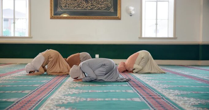 Women, muslim people and floor in mosque with group for religion, faith and connection to God in morning. Islamic community, praying and spiritual with solidarity, devotion and gratitude in Beirut