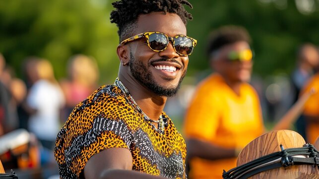 A joyful musician playing the drums outdoors, showcasing vibrant fashion and an energetic atmosphere at a lively event.