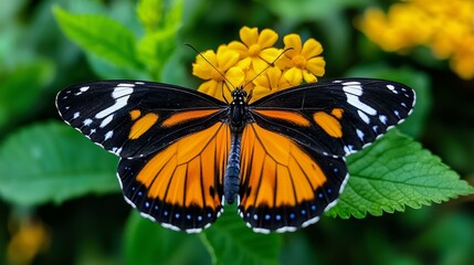 Fototapeta premium A vibrant orange butterfly perched on a bright yellow flower, showcasing nature's beauty and intricate details.