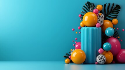 Bright, colorful decor featuring spherical elements against a vibrant blue backdrop, perfect for modern design projects.