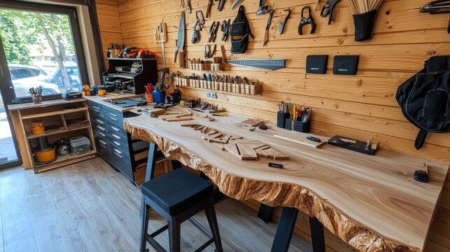 Bright and organized woodworking shop showcasing tools and a beautifully crafted workbench.