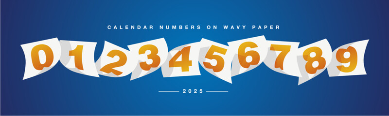 2025 New Year Calendar orange numbers on white wavy paper blue banner background.ai