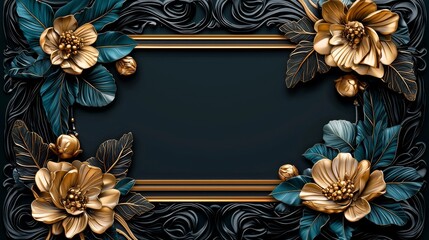 Elegant floral frame design featuring golden flowers and lush green leaves, perfect for invitations and creative projects.