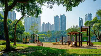 Urban playground with slides, surrounded by skyscrapers and trees on sunny day