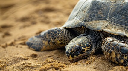 Obraz premium Sea turtle on sandy beach close-up, resting peacefully
