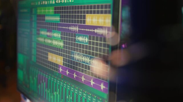 Digital audio workstation software on computer at home studio used for recording music and mixing it in post production, modern devices. Acoustical engineering and signal processing gear. Close up.