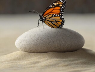 Obraz premium Monarch Serenity: A Butterfly Perched on a Zen Sand Garden Rock, Symbolizing Tranquility, Nature, and Mindfulness for Wellness and Relaxation Themes