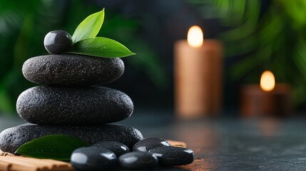 Serene spa setting features stacked stones, green leaves, and flickering candles, creating a tranquil atmosphere for relaxation.