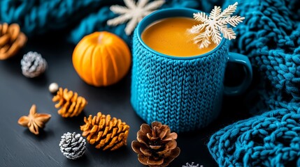 Warm autumn drink in a cozy knitted mug, surrounded by pine cones, pumpkins, and festive decorations for a seasonal vibe.