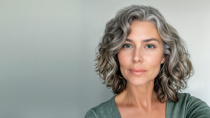 Fototapeta premium A beautiful woman in her mid- fifties with radiant youthful skin and graying hair. Smooth complexion. Skin care and cosmetics. Copy space.