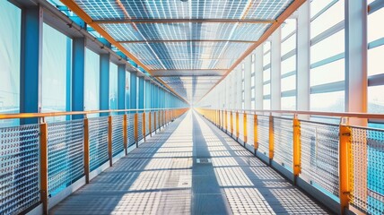 Futuristic glass corridor with symmetrical metal framework and natural light