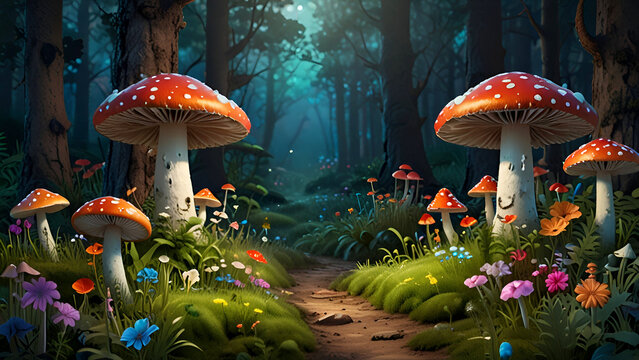 Fantastic wonderland forest landscape with mushrooms and flowers background. A vibrant red mushroom with white spots, magical aura, growing in a lush green mossy forest, Ai generative
