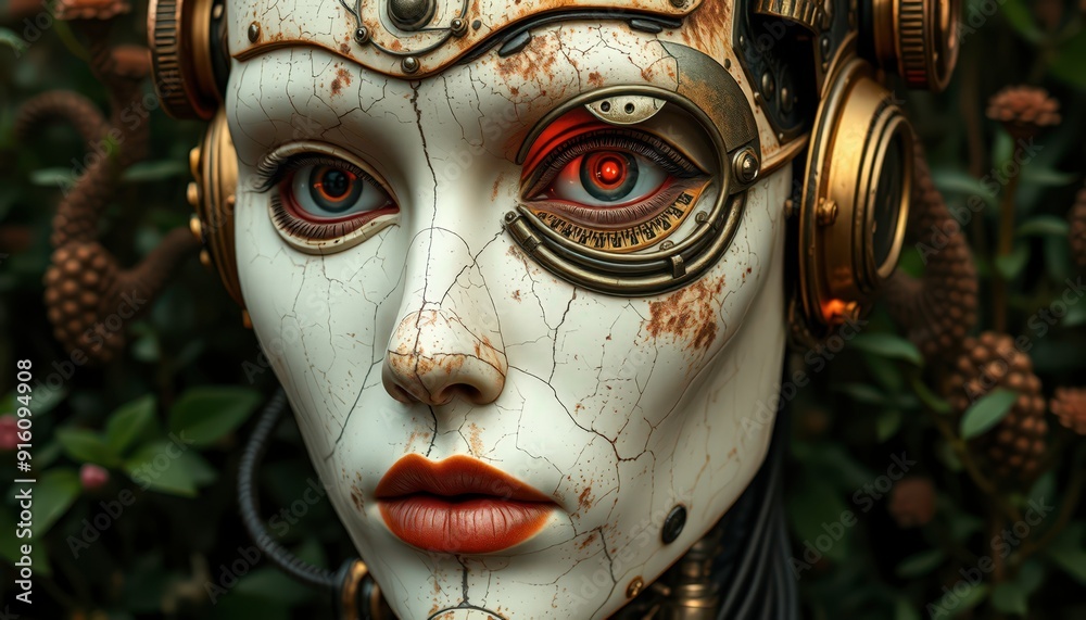 Canvas Prints steampunk cyborg woman close-up.