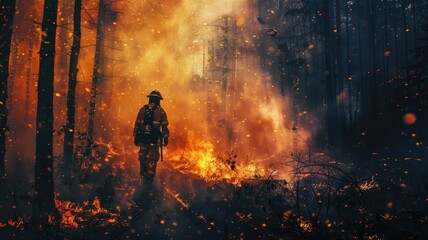 Fototapeta premium Firefighter battles intense forest fire at dusk, with blazing flames and smoke illuminating trees