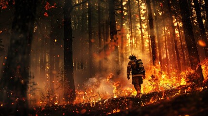 Fototapeta premium Firefighter battling forest fire amidst dense, burning woods
