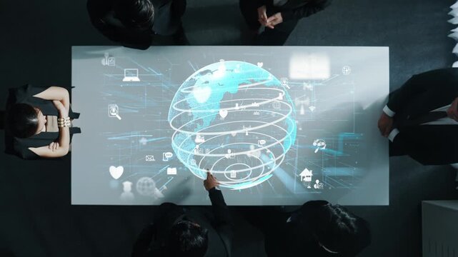 Top down aerial of business team brainstorm idea about digital communication or global network connection. Group of diverse business people discuss about data processing at meeting room. Directorate. - Powered by Adobe