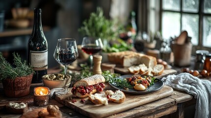 Rustic Table Setting With Wine and Sandwiches