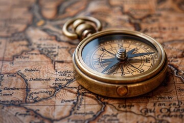 Antique Compass on Vintage Map with Detailed Topography