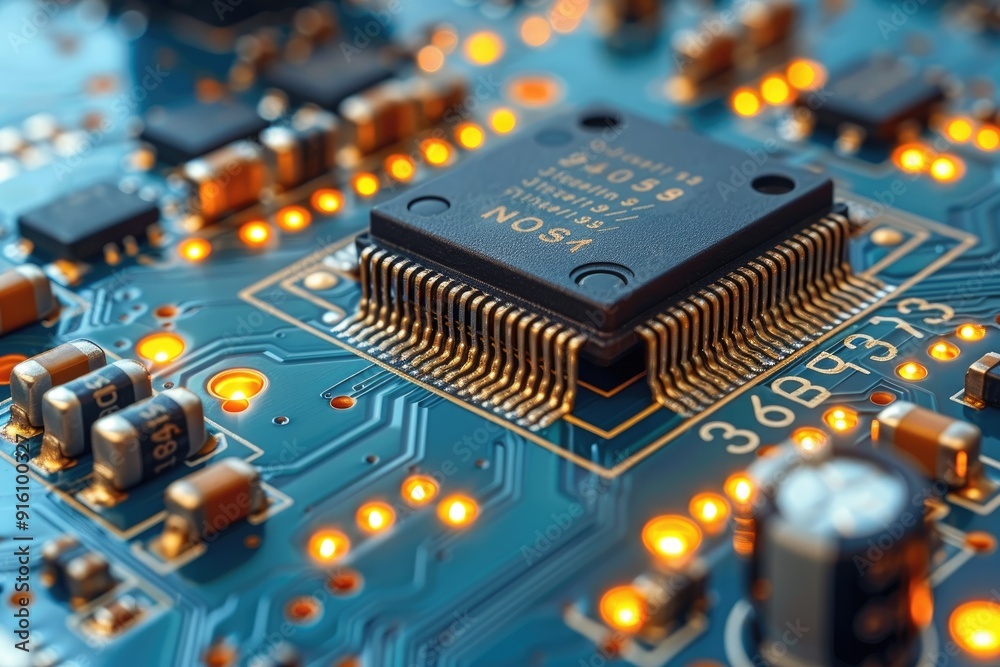 Poster close-up of a circuit board with a microchip and luminous components