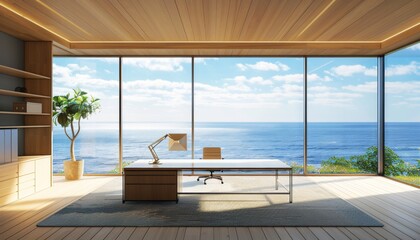 Fototapeta premium An empty office with full glass window facing to the open wide blue ocean