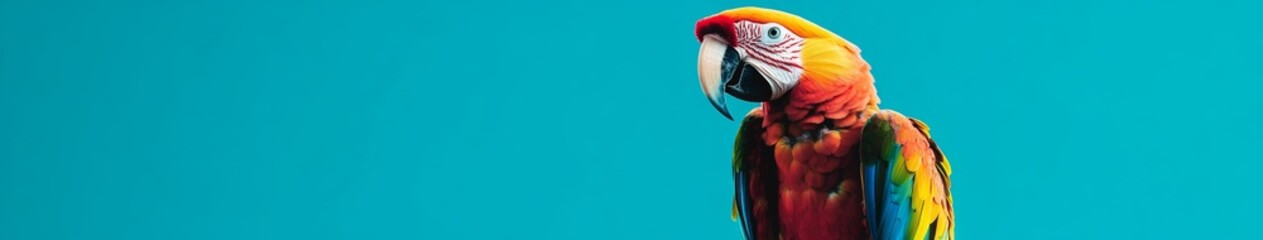 Fototapeta premium Vibrant Macaw Portrait on a Solid Turquoise Background: Highlighting the Colorful Plumage and Striking Features of the Exotic Bird
