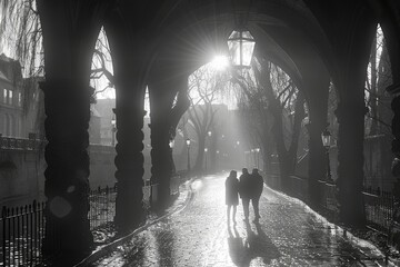 Couple walking through a foggy arched passageway with sunlight streaming through trees