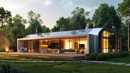 Modern eco-friendly house with large windows and solar panels surrounded by greenery