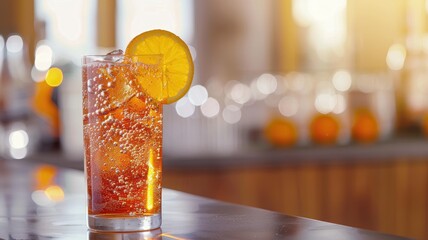 Sparkling drink with ice and orange slice in glass Refreshing fizzy beverage on counter