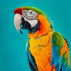 Fototapeta premium Vibrant Macaw Portrait on a Solid Turquoise Background: Highlighting the Colorful Plumage and Striking Features of the Exotic Bird