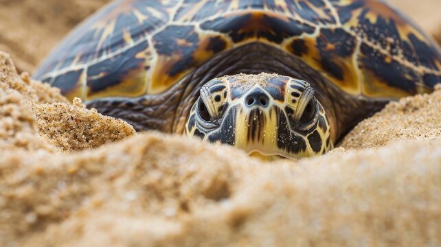 Close-up of sea turtle emerging from sandy environment with detailed shell patterns