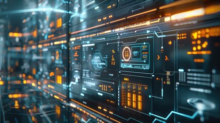 Naklejka premium Futuristic data center with glowing blue and orange interfaces