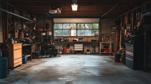 A cluttered garage with a window overlooking a green backyard, a workbench, a toolbox, and a scooter.