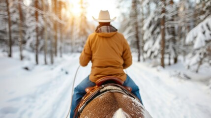 Fototapeta premium A cowboy in classic attire rides a horse through a snowy forest, capturing a moment of rugged adventure and connection with nature in a serene winter setting.