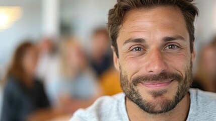 A serious-looking individual is captured in focus in the foreground while a group of people is blurred in the background, suggesting contemplation or deep thought.