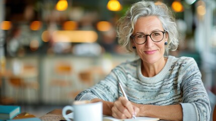 An elderly woman, dressed in a cozy sweater, writes in a notebook at a cafe, with a cup of coffee in front of her, reflecting on thoughts in a warm and inviting atmosphere.