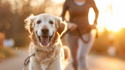 A golden retriever runs joyfully along a path while on a leash held by a person, embodying the playful and energetic bond between human and pet during an outdoor run at sunset.