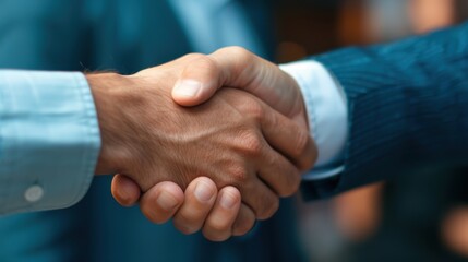 A close-up shot focusing on a handshake between two individuals, symbolizing agreement, partnership, or a business deal, with a background hinting at a professional environment.