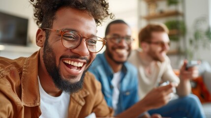 Obraz premium Three friends are enjoying a gaming session together in a modern and bright living room, engaging in a friendly competition, with shelves of decor visible in the background.