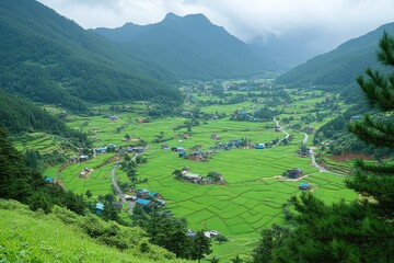 Lush Green Valley with Rice Paddies and Village Homes