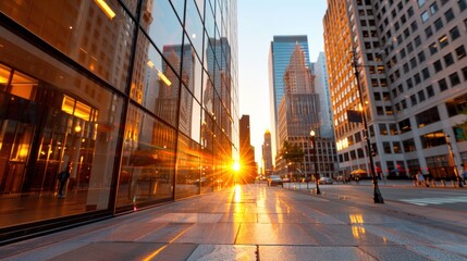 A vibrant urban sidewalk bathed in the golden light of the setting sun, with towering glass buildings on either side reflecting the warm hues of sunset.