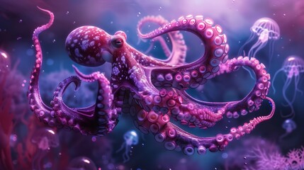 Vibrant underwater scene with a colorful octopus. Stunning digital artwork showcases marine life in vivid detail. Perfect for educational and artistic purposes. AI