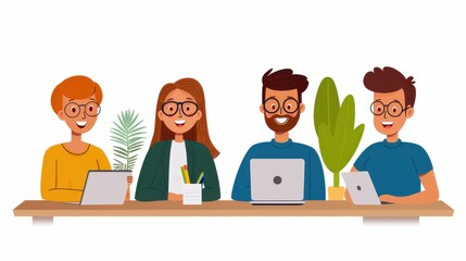 An illustration depicts four individuals seated at a desk, collaborating on work or study projects, highlighting themes of teamwork, productivity, and a blended working environment.