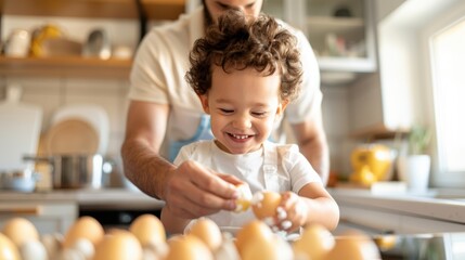 A young child is shown baking cookies with an adult in a kitchen setting, capturing a moment of shared enjoyment and learning, perfect for themes related to family and cooking.