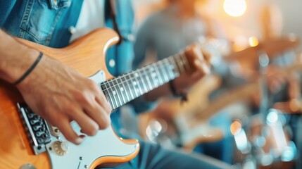A musician strums an electric guitar passionately during a band practice session, capturing the essence of creativity and musical expression amidst a blurred background.