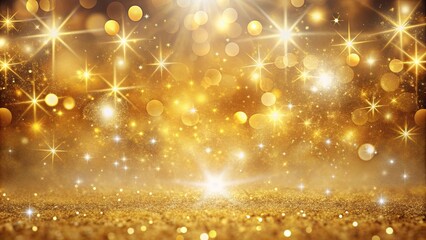 Golden festive background with twinkling lights, bokeh effects, falling stars, and a wintery texture, gold, sparkling