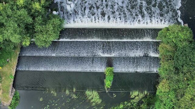 River Weir Controlling Water Flow Aerial View